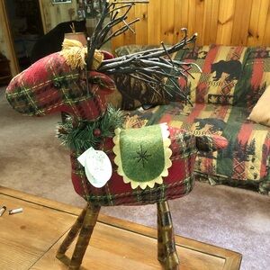 Festive Plaid Reindeer with Green Accents and Lighted Antlers